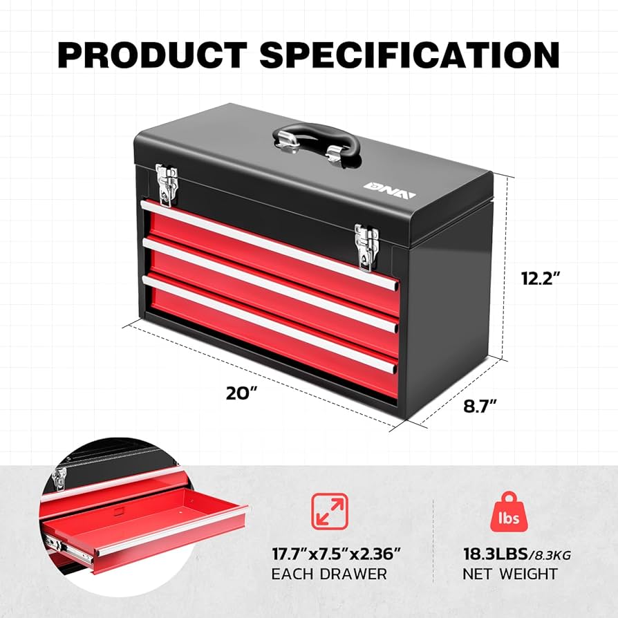 DNA MOTORING 20 Inch Steel Portable Tool Box - 3 Drawer+Top